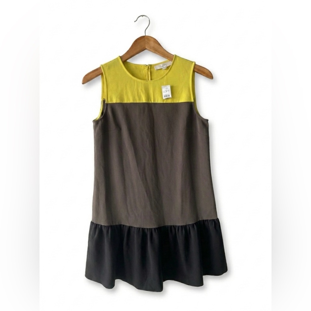 NWT LOFT Colorblock Shift Dress Size 10 Mustard Yellow Grey Mod Ruffle Hem